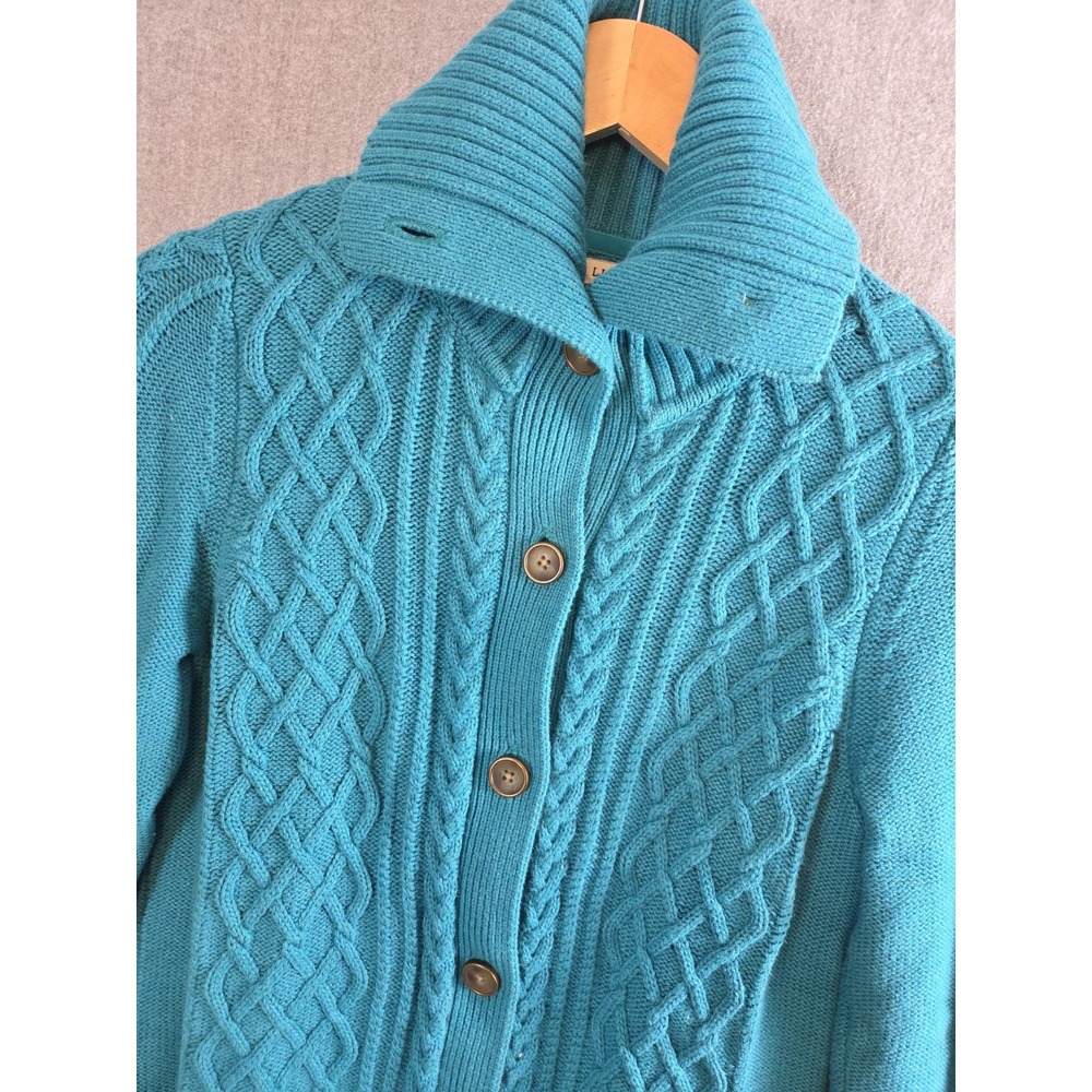 LL Bean Cardigan Sweater Womens S Teal Fisherman Chunky Cable Knit Mock Neck